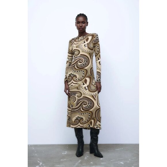 ZARA Beige Brown Graphic Print Knit Long Sleeve Bodycon Maxi Dress, Size M - Picture 13 of 15